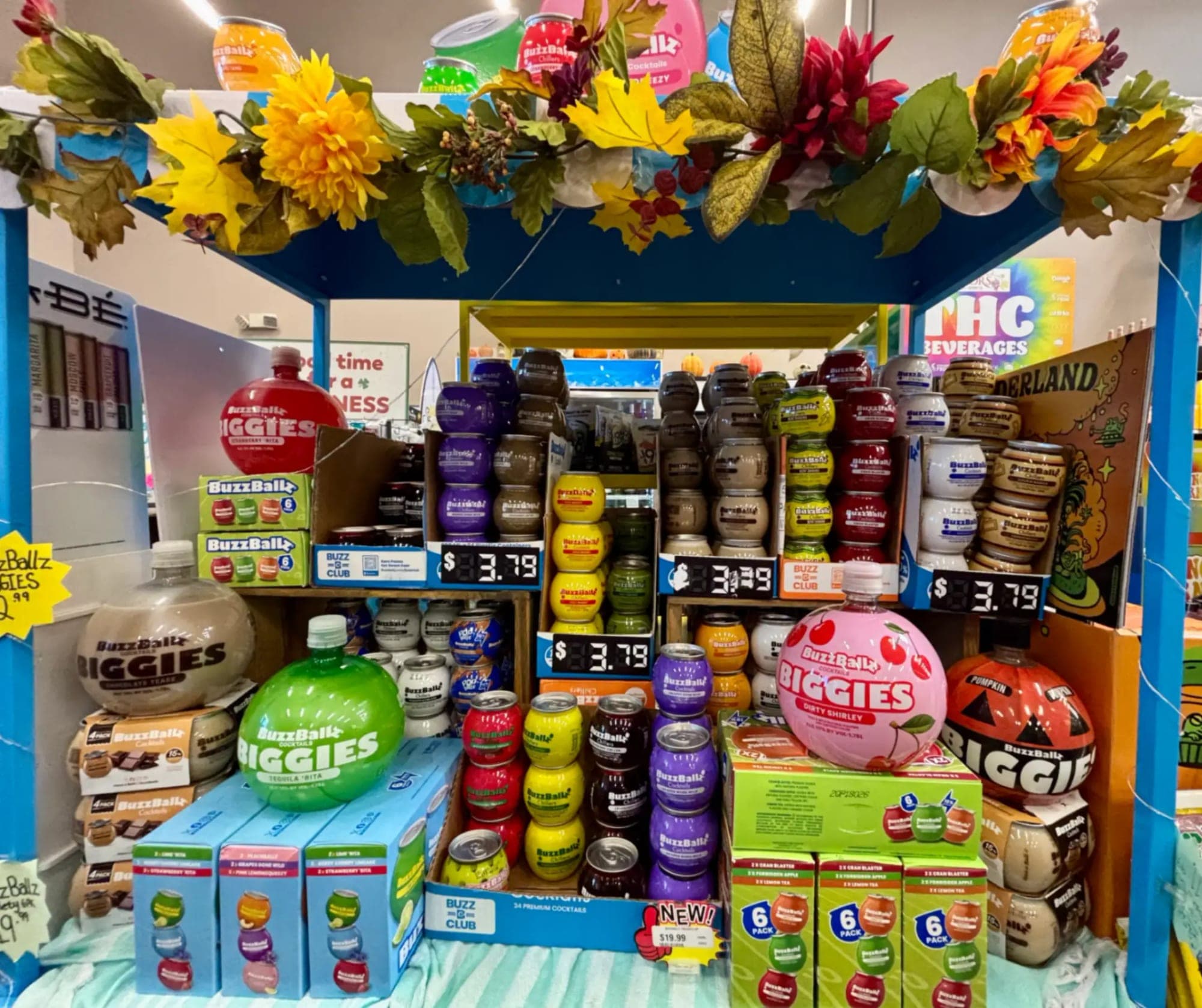 A colorful snack and candy display inside the store