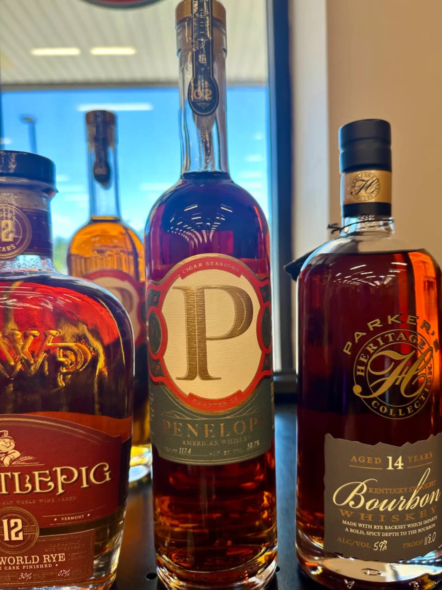 Bottles of bourbon and rye whiskey