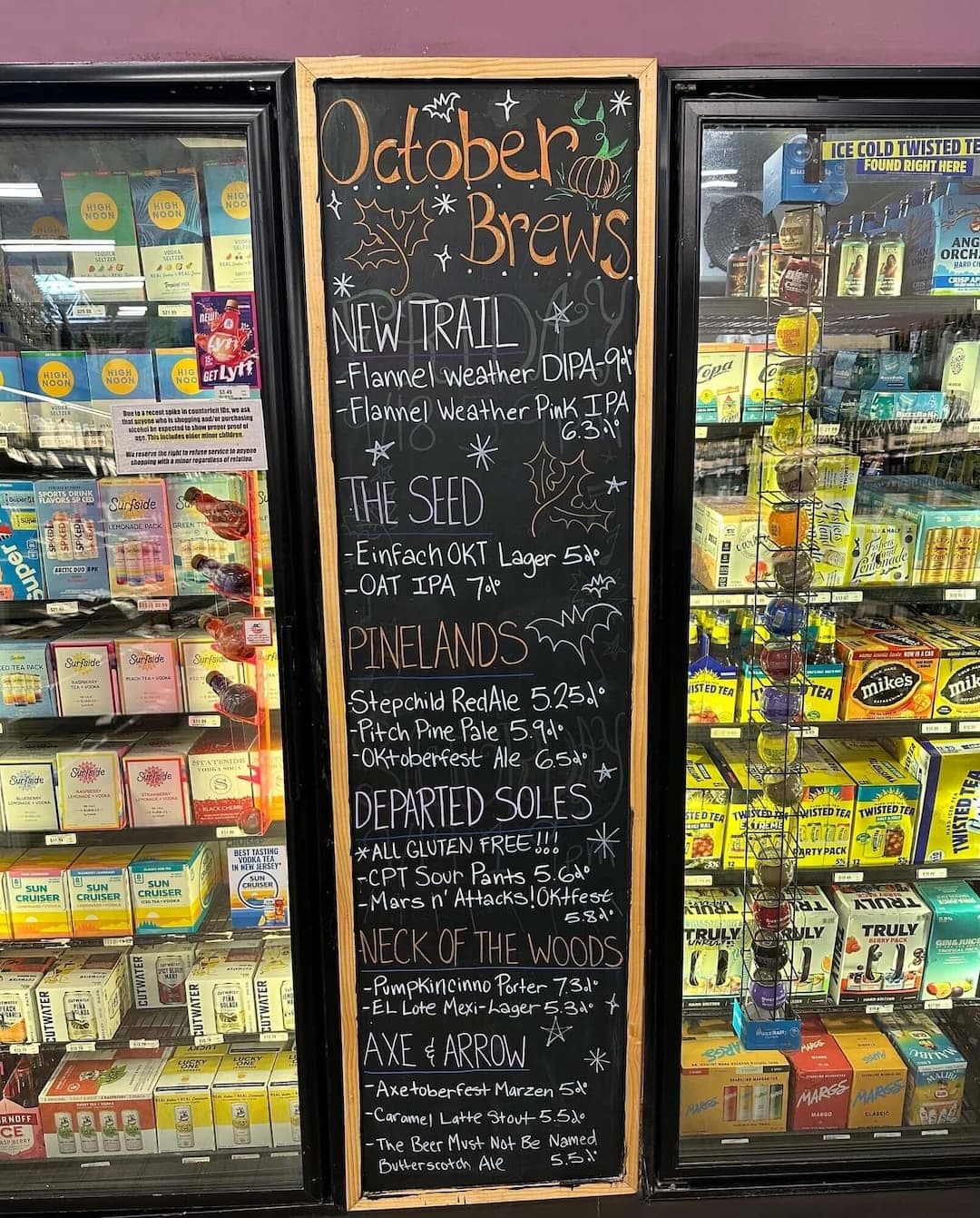 The store's chalkboard listing this month's craft beers